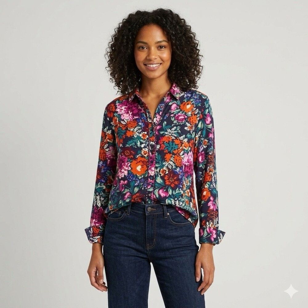 Floreat Anthropologie Blouse XS Viscose Long Sleeve Floral Button Up Top Navy